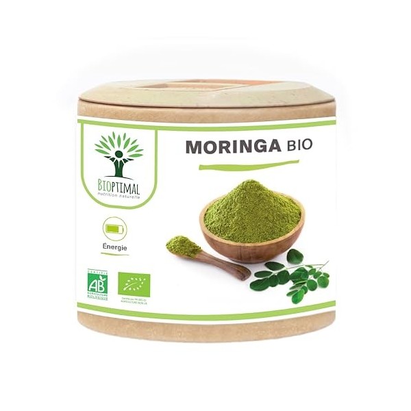 BIOPTIMAL - Moringa Bio - Complément alimentaire - Poudre de Moringa Oleifera en gélules - Glycémie - Dose 300 mg - Fabriqué 