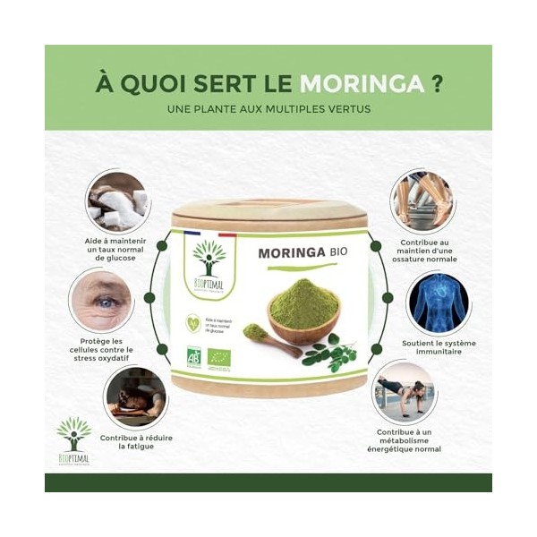 BIOPTIMAL - Moringa Bio - Complément alimentaire - Poudre de Moringa Oleifera en gélules - Glycémie - Dose 300 mg - Fabriqué 