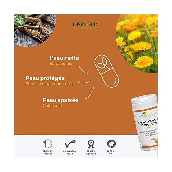 Bardane Bio et Calendula Bio Extrait - Complément Alimentaire pour la Peau - Naturel et Végétal - 60 gélules de Bardane et Ca