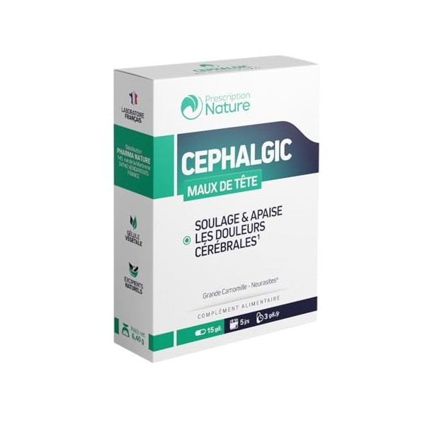 Prescription Nature - CEPHALGIC - Complément Alimentaire - Soulage les Maux de Tête - Apaise les Douleurs Cérébrales - 15 Gél