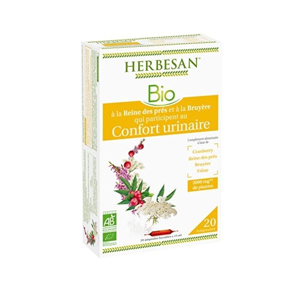 HERBESAN - CONFORT URINAIRE BIO - Reine des prés, Bruyère, Frêne, Cranberry - Fabrication française - 20 ampoules de 15 ml