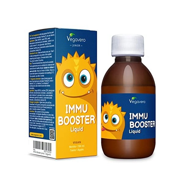 Sirop Immunité pour Enfants Vegavero® | Avec les Vitamines C et D + Zinc + Bêta-Glucanes | Sans OGM | Goût Pomme | Flacon de 