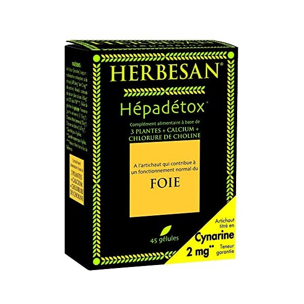 HERBESAN®- HÉPADETOX -Bien-être du foie -Excès alimentaire- Complexe de 3 plantes, Calcium et Chlorure de Choline - 45 gélule