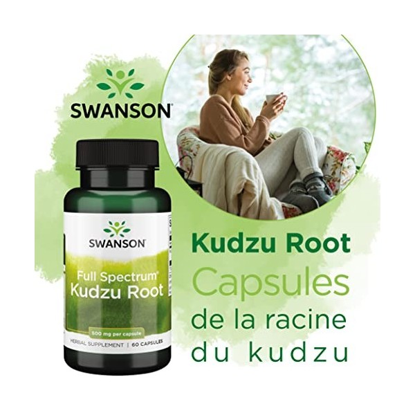 Swanson, Full Spectrum Kudzu Root Racine de Kudzu , 500mg, Hautement Dosé, 60 Capsules, Testé en Laboratoire, Sans Soja, San