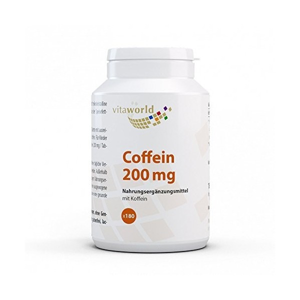 Vita World Caféine 200mg 180 comprimés Végétalien/Végétarien Caféine à haute dose Made in Germany