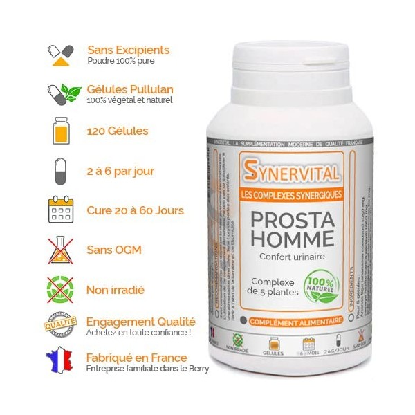 Prosta Homme - 120 gélules dosées à 300mg - Complexe de plantes pour la Prostate, les troubles urinaires - Sabal - Courge - E