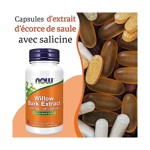 Now Foods, Willow Bark Extract Extrait dÉcorce de Saule , 400mg, 100 Capsules végétaliennes, Testé en Laboratoire, Sans Soj