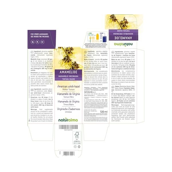 Hamamélis de Virginie Hamamelis virginiana feuilles Teinture Mère sans alcool Naturalma | Extrait liquide gouttes 120 ml | 