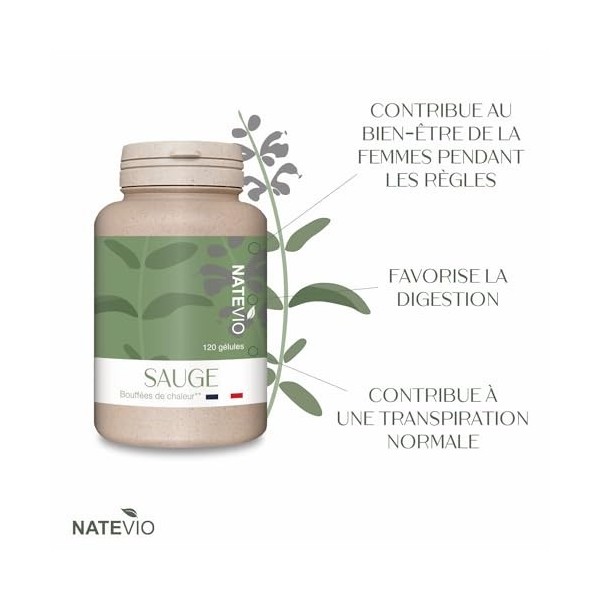 Sauge - Ménopause - Pre-ménopause - Bouffées de chaleur - 100% naturel - 120 gelules fortement dosée - Fabriqué en France