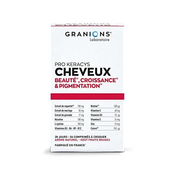 GRANIONS PRO KERACYS | beauté, croissance & pigmentation du cheuveux | Biotine, Kératine, L-Cystine, Vit C, D3, E, Zinc, Cuiv