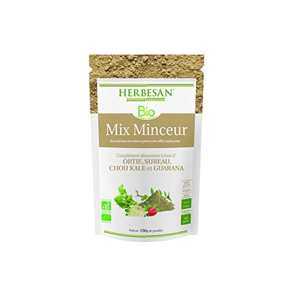 HERBESAN®-MIX MINCEUR BIO - Ortie, Sureau, Chou Kalé, Guarana- Sachet papier -Conditionné en France - 150g de poudre