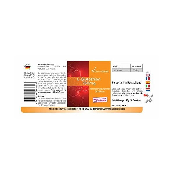 L-Glutathion 750mg - Forme réduite - Végan - Hautement dosé - 30 comprimés | Vitamintrend®