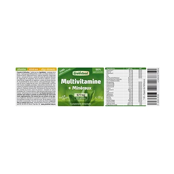 Greenfood MultiVitamine + minéraux, 700 mg, des doses élevées – toutes les Vitamines, minéraux et oligo-éléments. Avec une bi