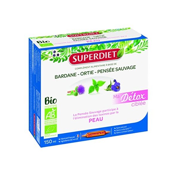 SUPERDIET - MA DÉTOX CIBLÉE PEAU BIO-Bardane, Ortie, Pensée Sauvage-Beauté de la peau, peau nette - 10 ampoules de 15 ml