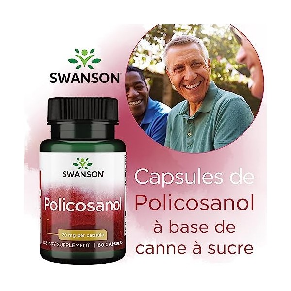 Swanson, Policosanol, 20mg, Extrait de Canne à Sucre, 60 Capsules, Hautement Dosé, Testé en Laboratoire, Sans Gluten, Sans So