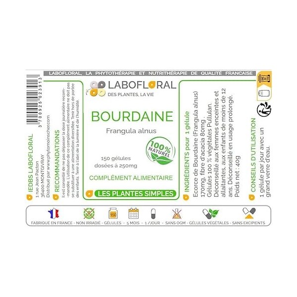 Bourdaine Labofloral 150 gélules dosées à 250 mg - Complément alimentaire - Laxatif naturel, constipation - Fabriqué en franc