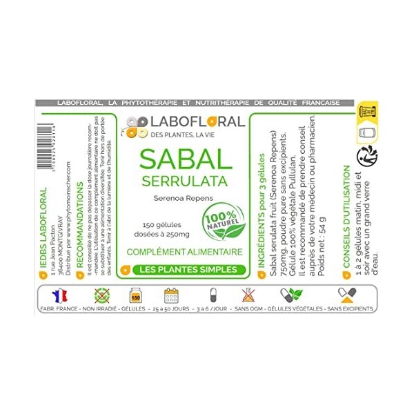 Sabal serrulata Labofloral 150 gélules dosées à 250 mg - Complément alimentaire - Prostate - Fabriqué en france