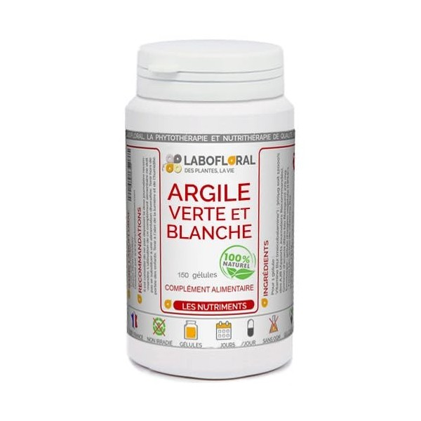 Argile verte et blanche Labofloral 150 gélules dosées à 420 mg - Complément alimentaire - vertus purifiantes et apaisantes du