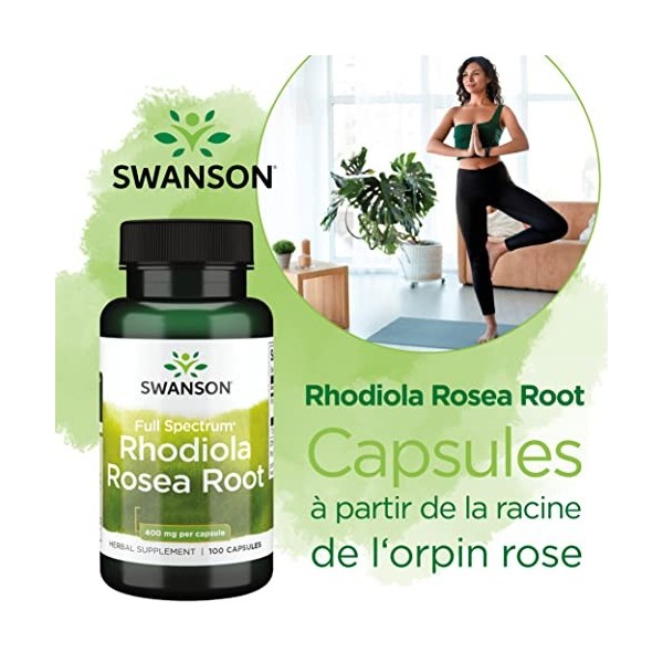 Swanson, Rhodiola Rosea Root Extrait de Racine de Rose , 400mg, 100 Capsules, Hautement Dosé, Testé en Laboratoire, Sans Soj