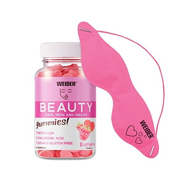 Weider Pack Beauty 80 Gummies + Masque Yeux. Goût Framboise. Formule Anti-âge. Peau, Ongles, Cheveux. Avec Collagène, Acide H