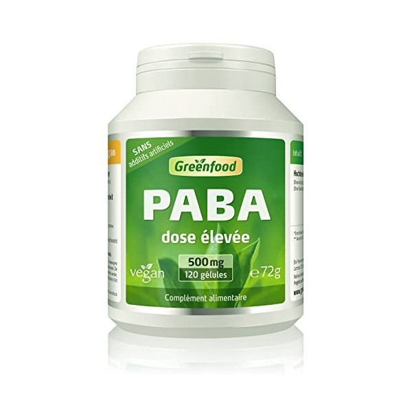 Greenfood PABA, pur, 500 mg, dose élevée, 120 gélules - SANS additifs. Sans génie génétique. Vegan.