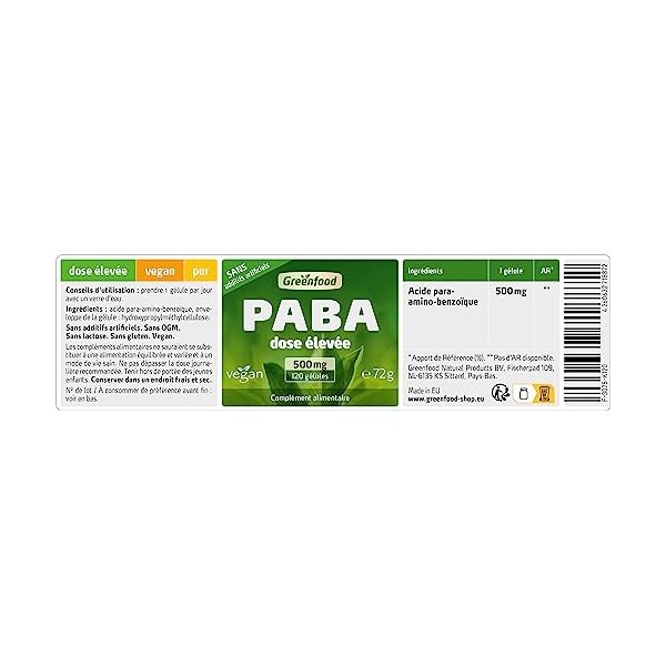 Greenfood PABA, pur, 500 mg, dose élevée, 120 gélules - SANS additifs. Sans génie génétique. Vegan.