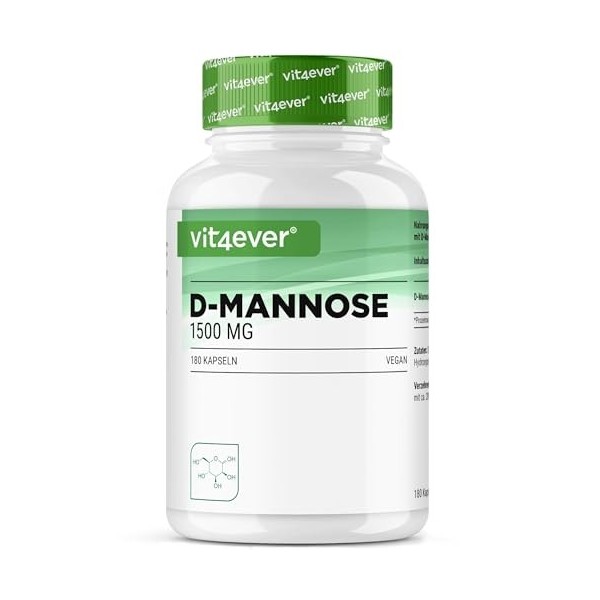 D-Mannose - 180 gélules - 1500 mg par portion journalière - Premium : Issu de la fermentation de légumes - Hautement dosé - N