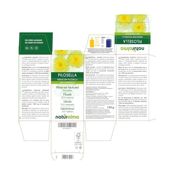 Piloselle Hieracium pilosella herbe Naturalma | 150 g | 300 comprimés de 500 mg | Complément alimentaire | Naturel et Végét