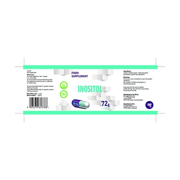 Inositol 120 vegan gélules 500mg Supplément pour linsomnie, les troubles de lhumeur, Détoxifie le foie, Favorise un équilib