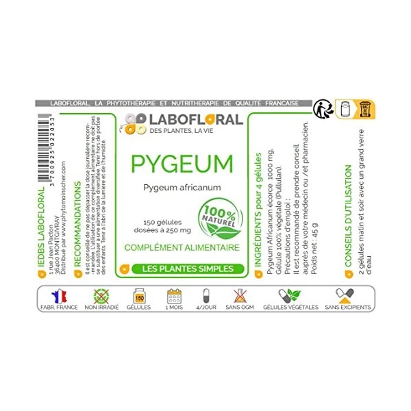 Pygeum Africanum Labofloral 150 gélules dosées à 250 mg - Complément alimentaire - Prostate - Fabriqué en france