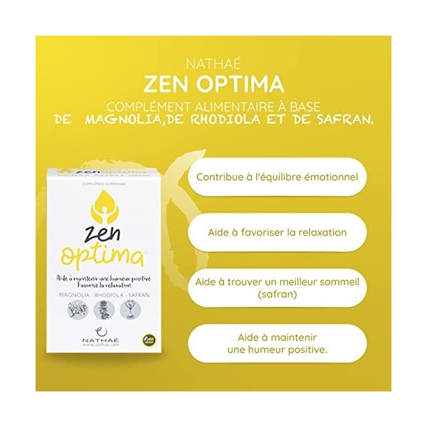 ZEN OPTIMA - Complément Alimentaire - Aide à Maintenir une Humeur Positive - Favorise la Relaxation - 60 Gélules