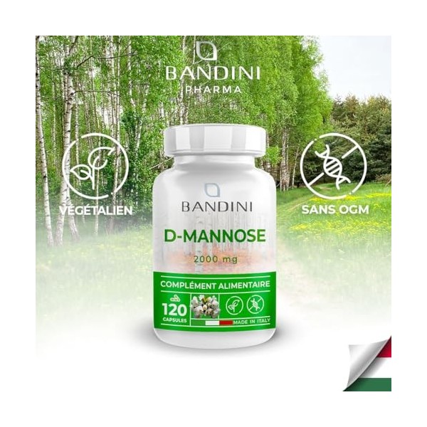 Bandini® D-Mannose Pur 2.000mg à doses élevées | 120 Gélules 100% Vegan | Améliore la Santé des Voies Urinaires | Capsules po