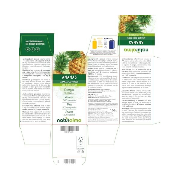 Ananas Ananas comosus ou Ananas sativus tiges des fruits Naturalma | 150 g | 300 comprimés de 500 mg | Complément alimentai