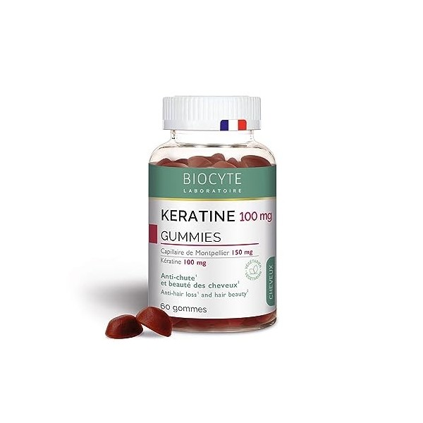 Kératine Gummies - Complément Alimentaire Anti-Chute et Beauté des Cheveux - Kératine, Vitamine E, Zinc, Sélénium, Biotine - 