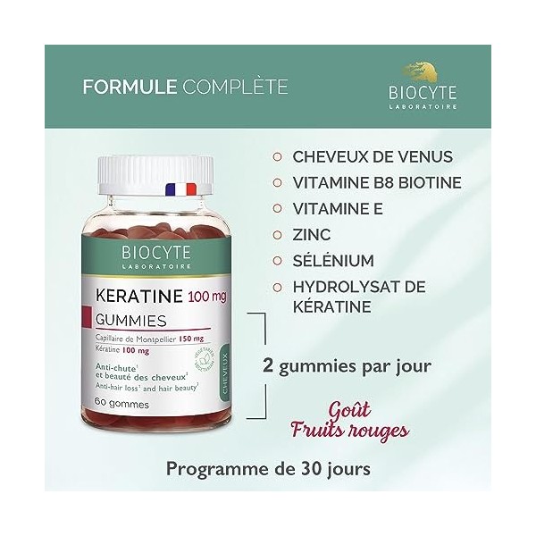 Kératine Gummies - Complément Alimentaire Anti-Chute et Beauté des Cheveux - Kératine, Vitamine E, Zinc, Sélénium, Biotine - 