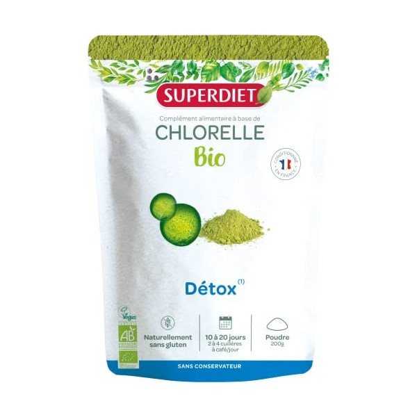 SUPERDIET - CHLORELLE BIO - 100% Plantes - Sachet papier avec zip refermable - Conditionné en France - Poudre 200 g