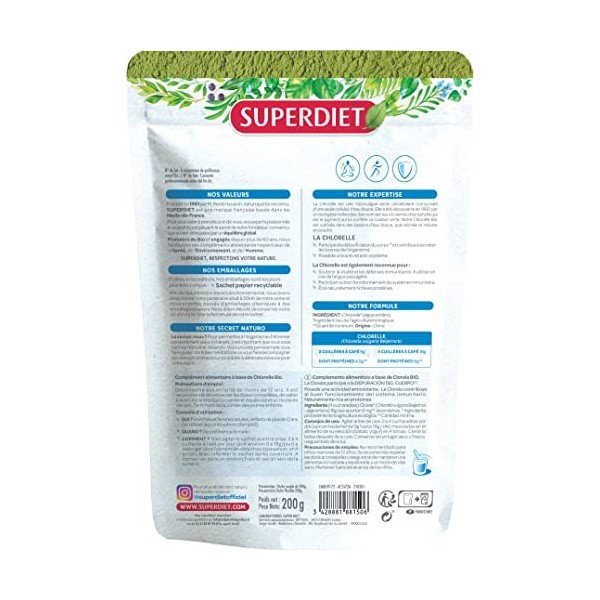 SUPERDIET - CHLORELLE BIO - 100% Plantes - Sachet papier avec zip refermable - Conditionné en France - Poudre 200 g