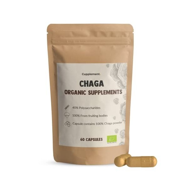 Cupplement | Chaga Capsules 60 pièces | Biologique | 450 mg par capsule de la plus haute qualité | 2 gélules par jour | champ