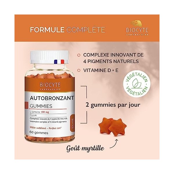 BIOCYTE Autobronzant Gummies - Complément Alimentaire pour Hâle Sublimé - Vitamines, Cuivre, L-Tyrosine, Lycopène et Plantes 