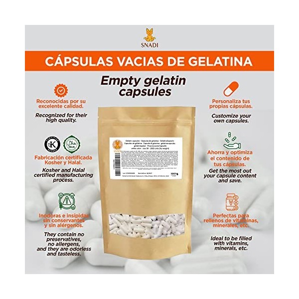 Gélules vides en gélatine - Taille "00" - 1000 pièces Gélules blanche emballées dans des sachets 100% biodégradables.