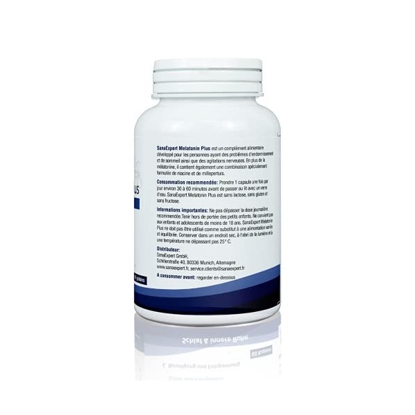 SanaExpert Melatonin Plus |SUPPLÉMENT NATUREL POUR LE SOMMEIL ET LE REPOS | Mélatonine, Niacine et Millepertuis VEGAN avec in