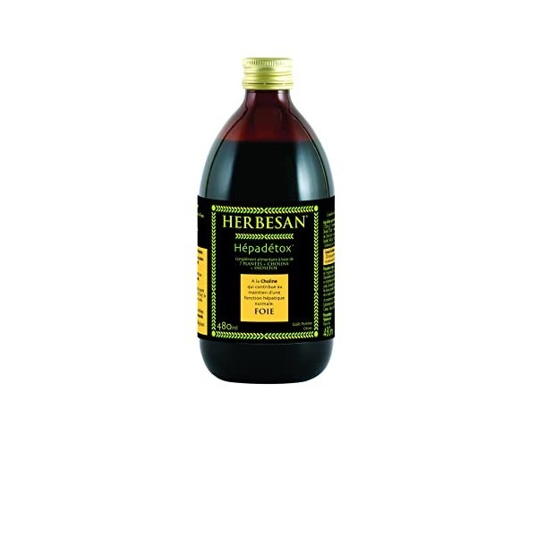 HERBESAN®-HÉPADETOX - Bien-être du foie -Excès alimentaire- Complexe de 6 plantes -Bouteille en verre de 480 ml