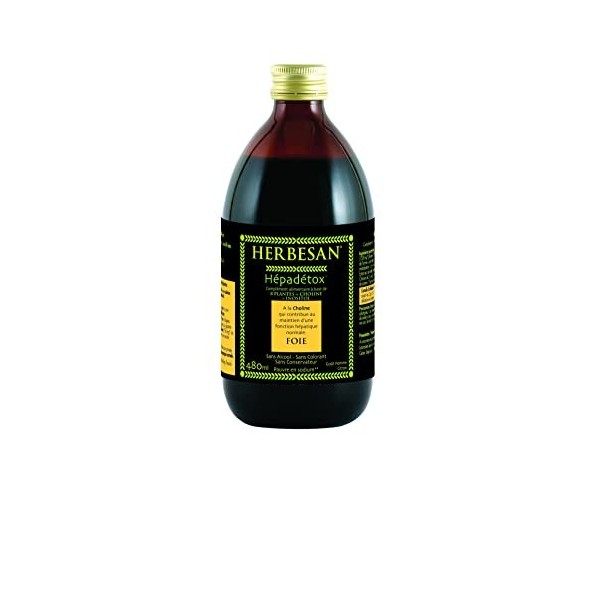 HERBESAN®-HÉPADETOX - Bien-être du foie -Excès alimentaire- Complexe de 6 plantes -Bouteille en verre de 480 ml