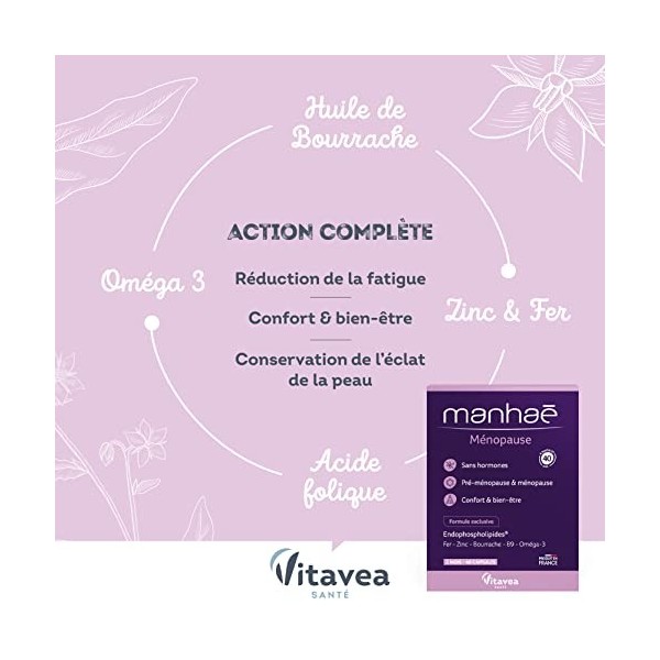 Vitavea Manhaé - Ménopause - Complément alimentaire ménopause sans hormones - Acide folique, Oméga 3, Zinc, Fer - 60 capsules