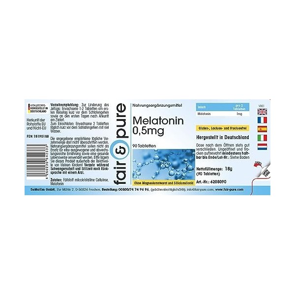 Fair & Pure® - Mélatonine 0,5 mg - 90 comprimés pour 45 jours - dosage sûr et biodisponible - sans additifs - fabrication de 