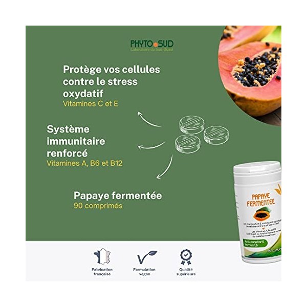 Papaye Fermentée Comprimés - Phytosud - Système Immunitaire et Stress Oxydatif - Complément Alimentaire Naturel et Vegan - 90