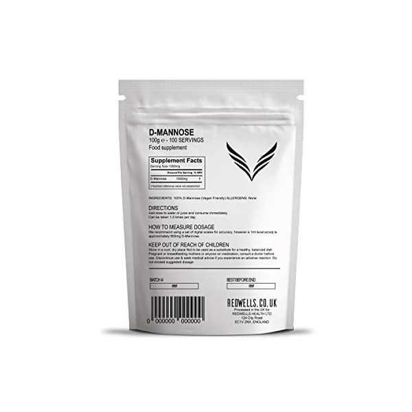 D mannose poudre REDWELLS cystite et infections urinaires Soutien Vegan - 100 g Paquet