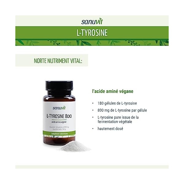 Sanuvit® - L-tyrosine 800 mg par gélule | 180 gélule | Haute dose | Acide aminé | Biodisponibilité et tolérance élevées | Veg