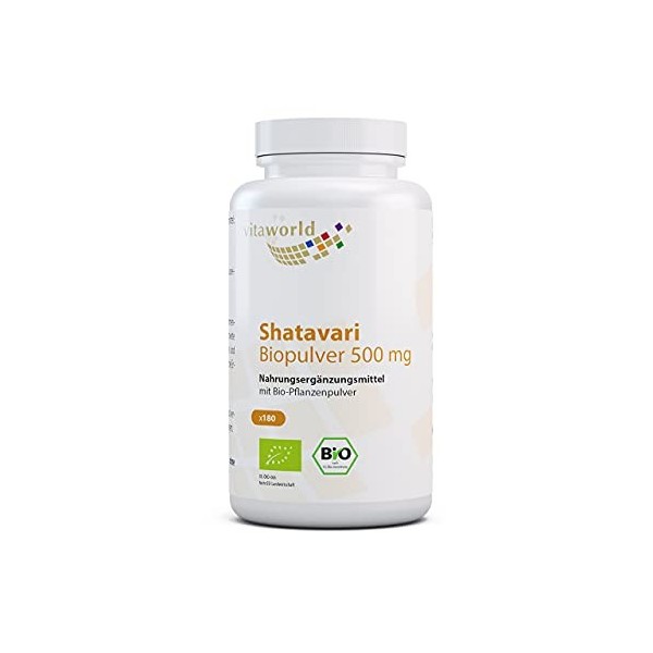 Vita World Shatavari 500 mg Biologique Asperge Indienne 180 Capsules Vegan / Végétarien Made in Germany