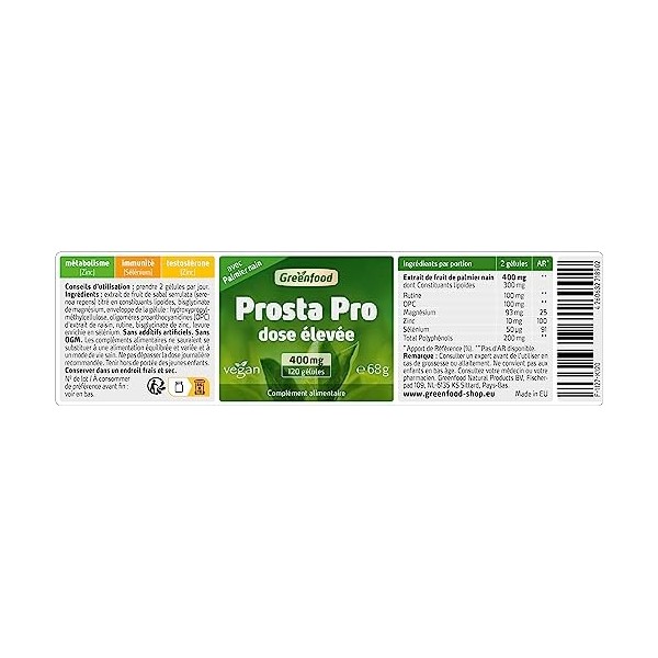 Greenfood Prosta Pro, 400 mg, dose élevée, 120 gélules - aide à protéger les cellules contre le stress oxydatif. SANS additif